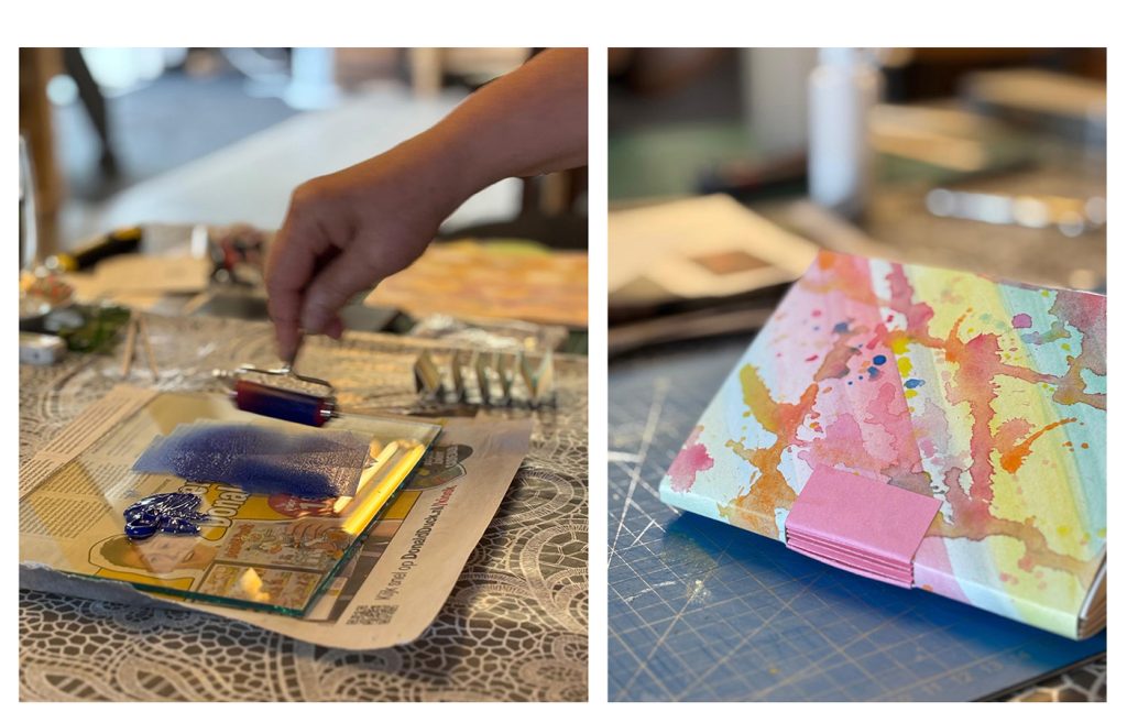 Creatieve workshops in Breda. Het uitrollen van de inkt en een voorbeeld van een boekje van een cursist.